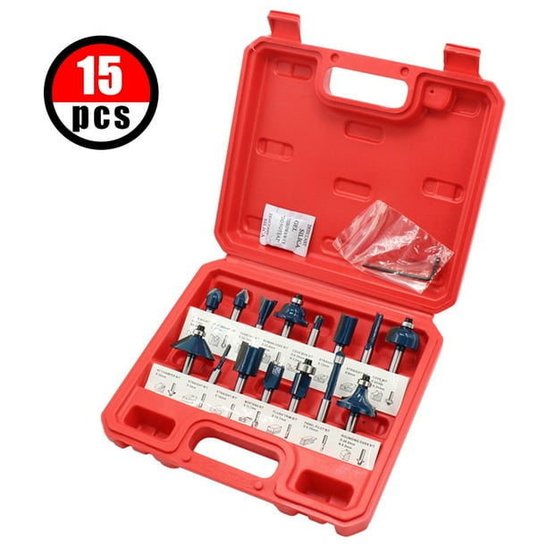 15Pcs 1//4inch Tungsten Carbide Router Bit Tool Set Shank Dia Router Woodworking